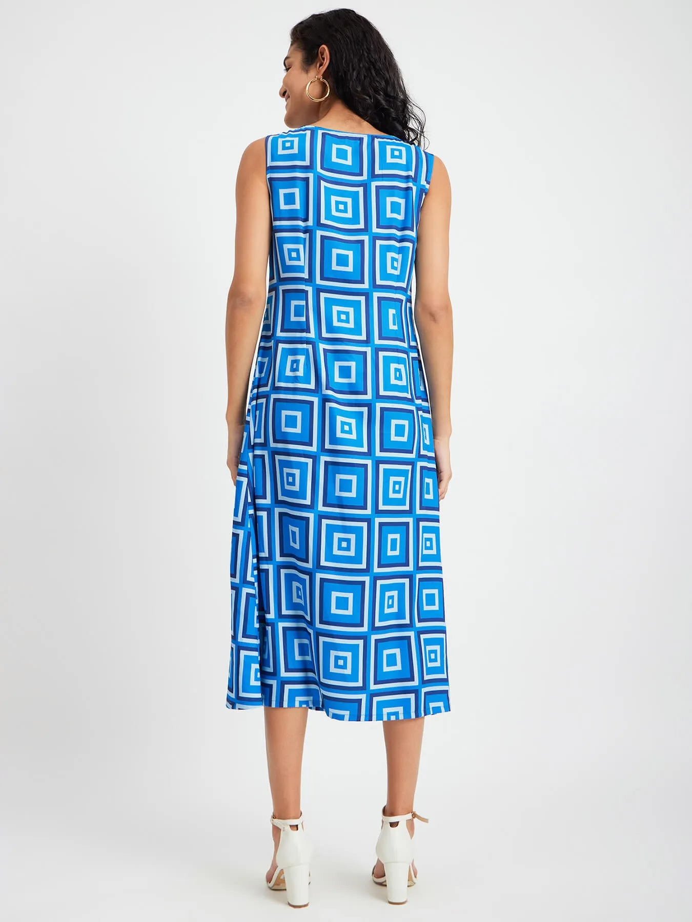 Boat Neck A-Line Dress - Blue And Black