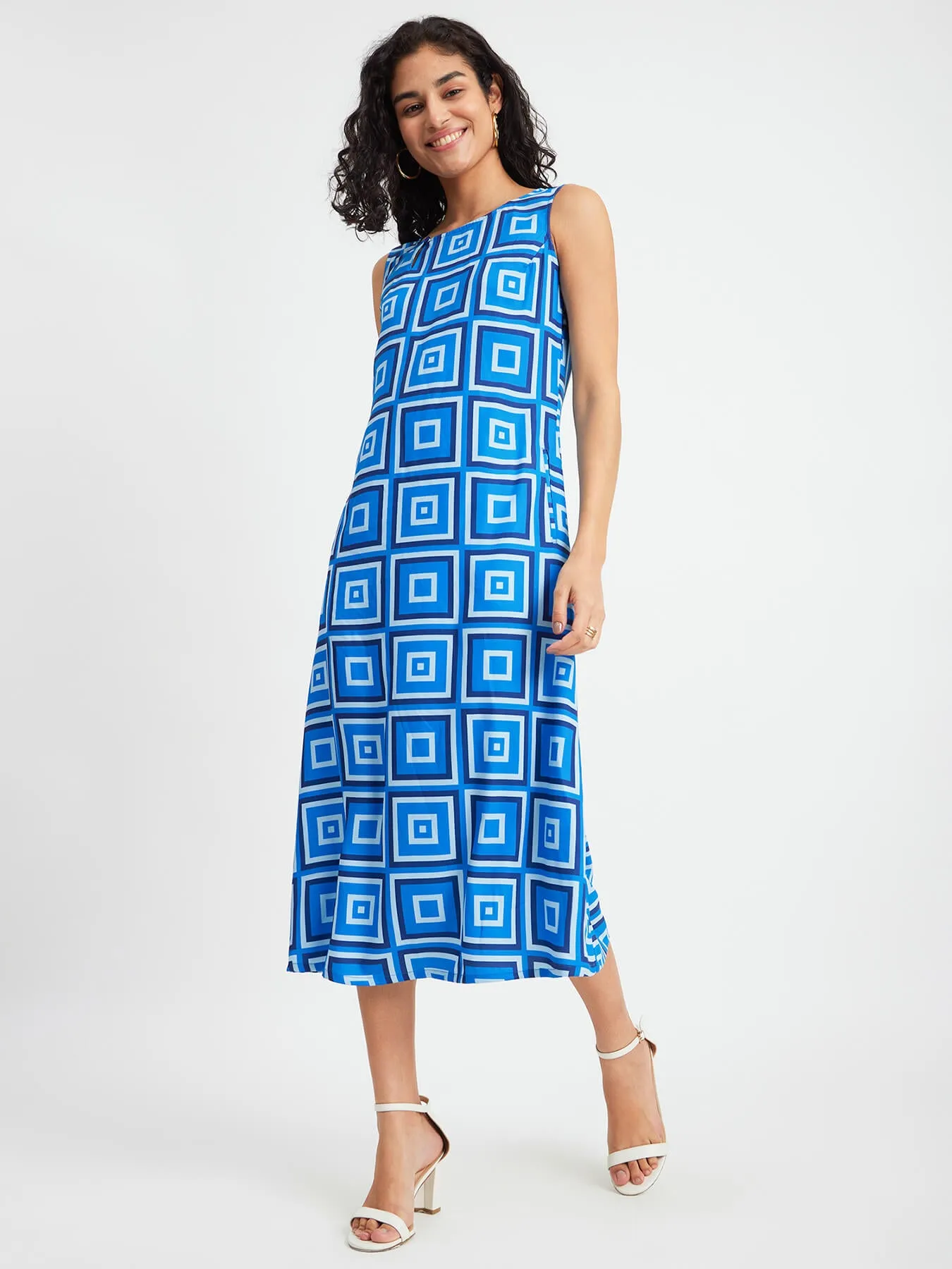 Boat Neck A-Line Dress - Blue And Black