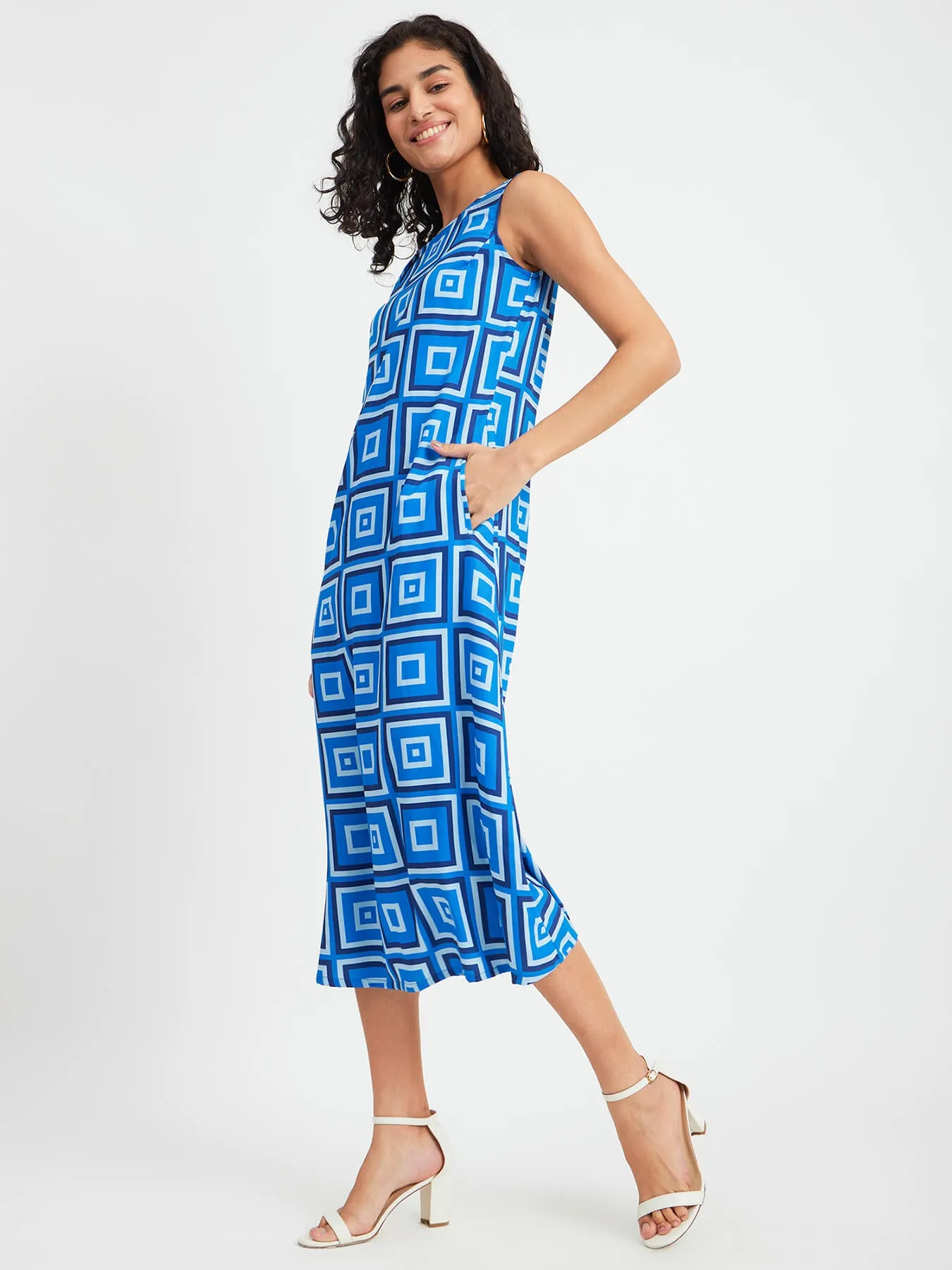 Boat Neck A-Line Dress - Blue And Black