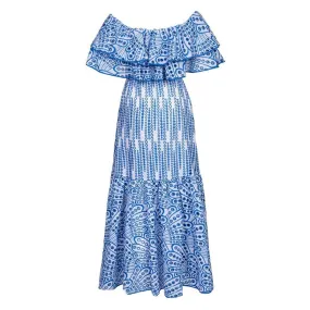 Boho Broderie Anglaise Off the Shoulder Shirred Ruffled Tiered Maxi Dress