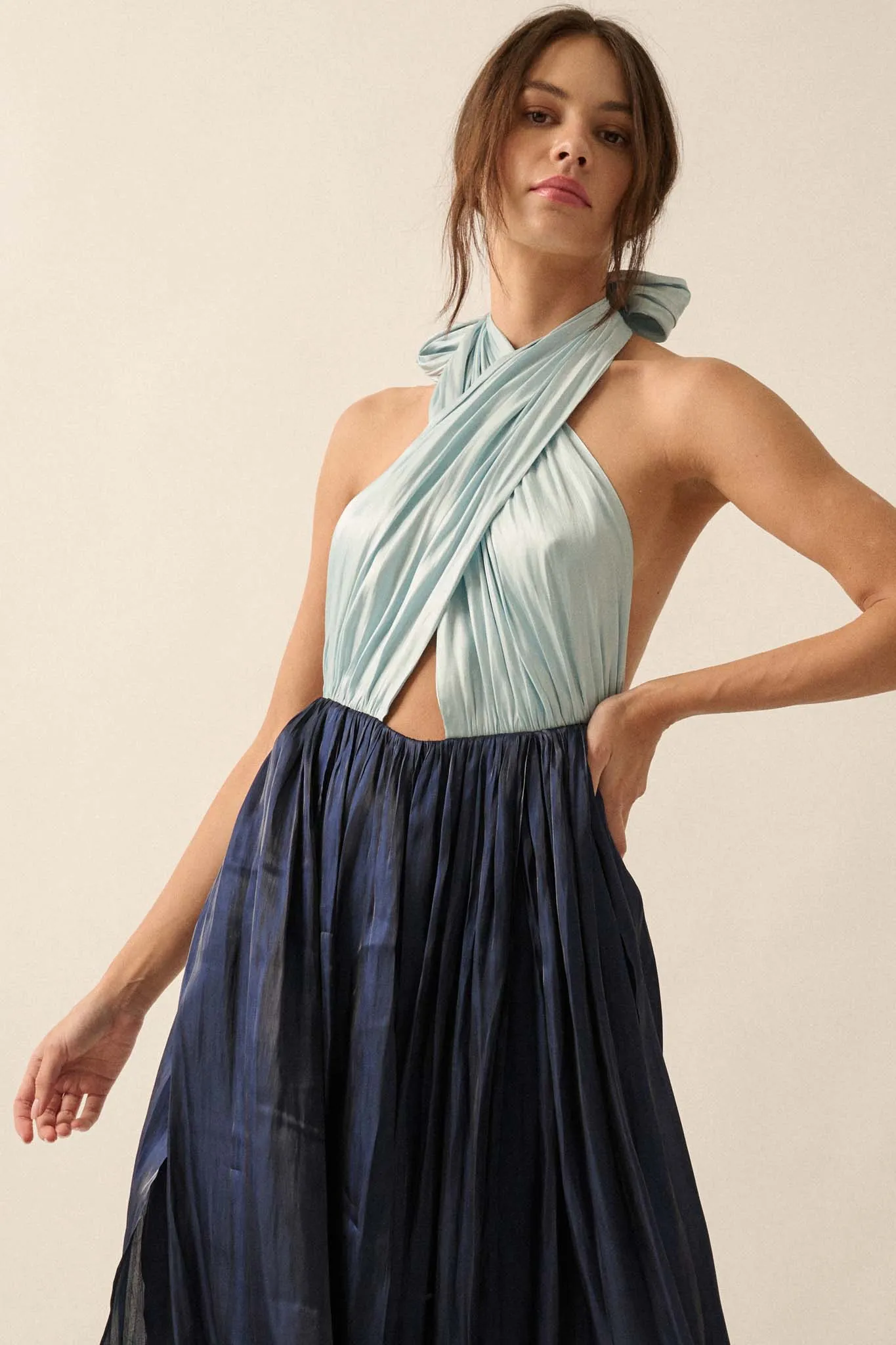 Breaking Waves Satin Cross-Front Halter Maxi Dress