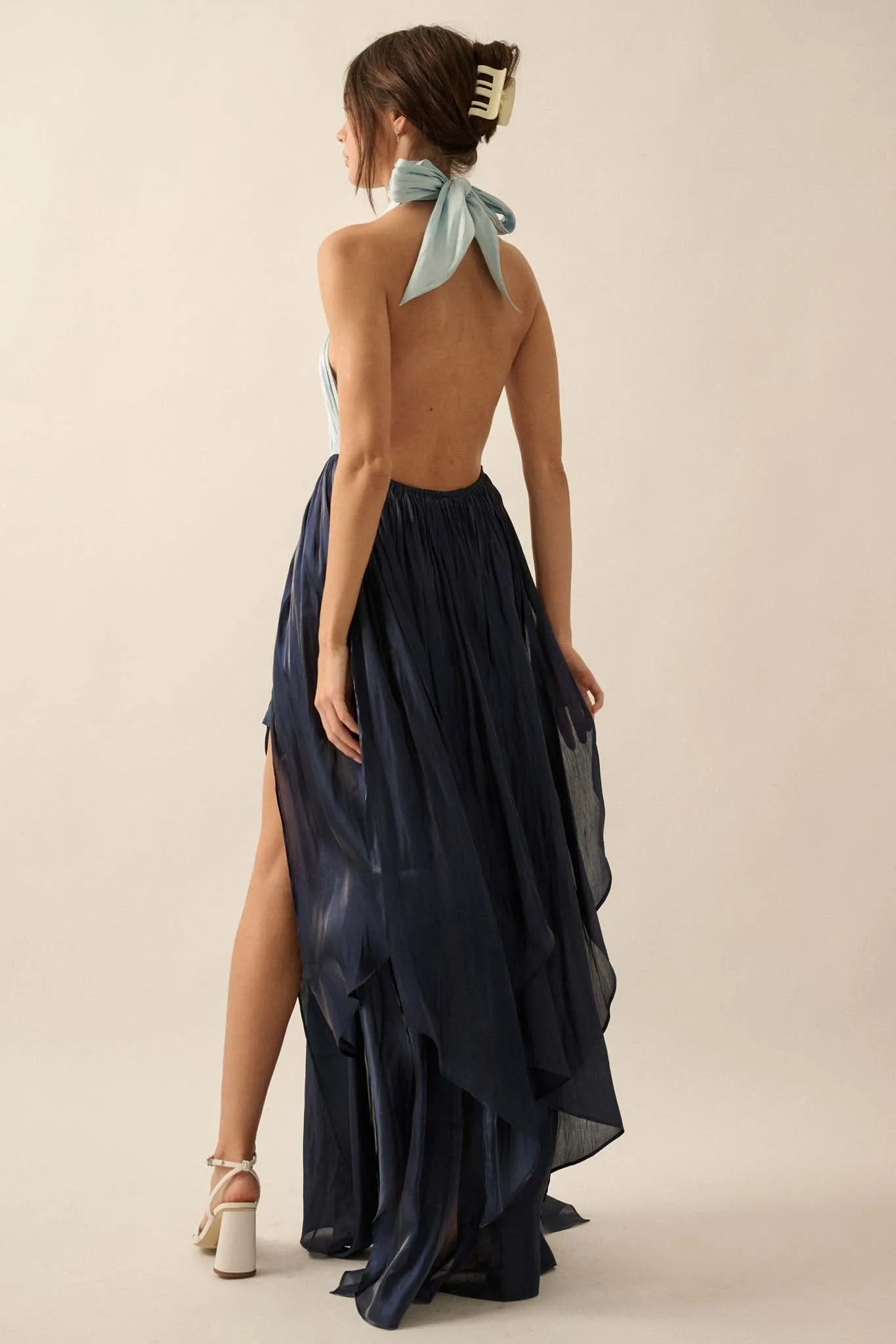 Breaking Waves Satin Cross-Front Halter Maxi Dress