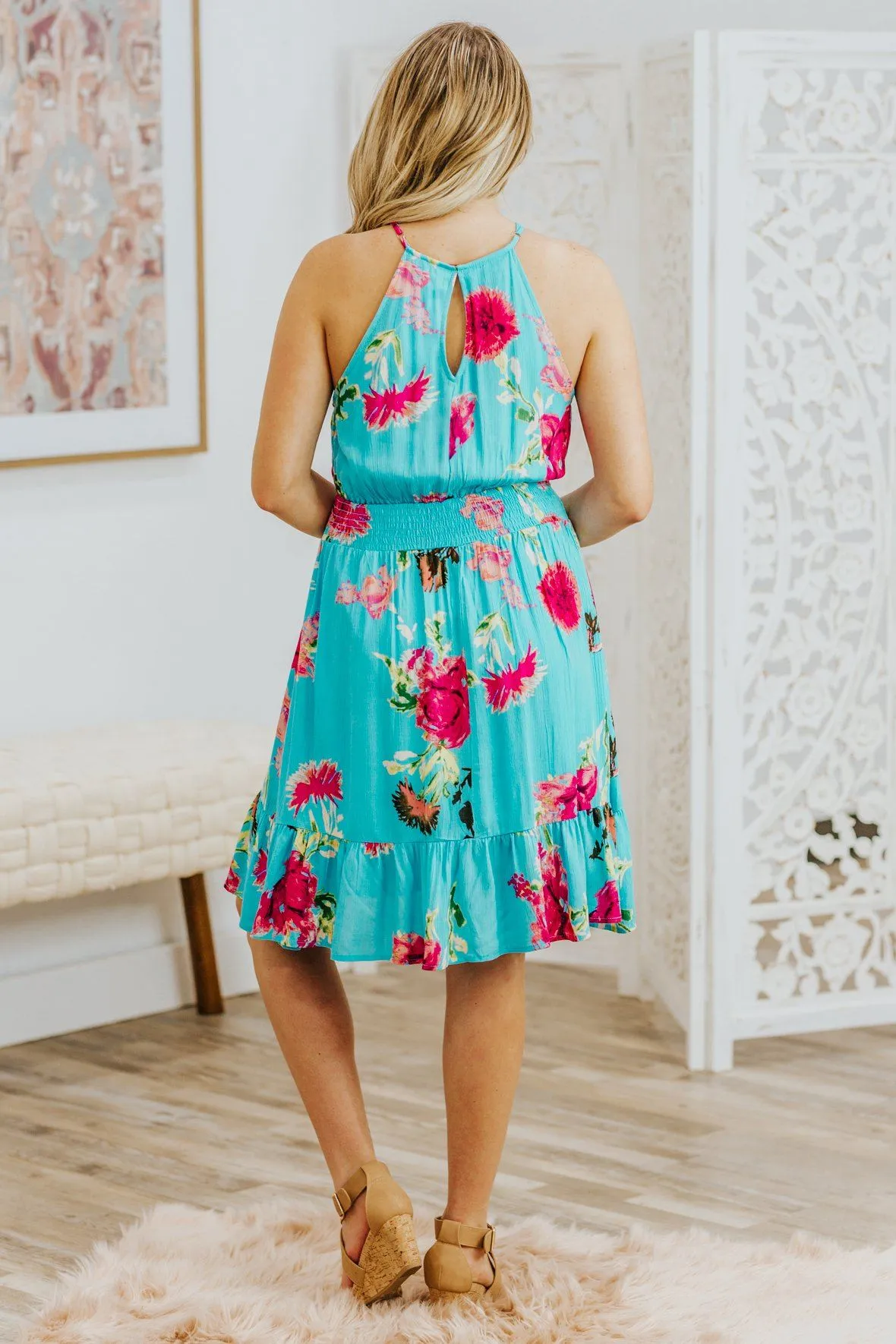 Bring It To The Floor Floral Tropical Smocked Waist Dress in Turquoise