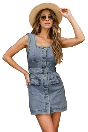 Button Up Square Neck Denim Dress