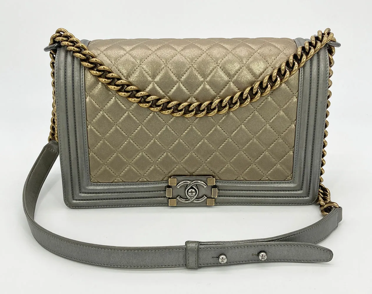 Chanel Gold Silver Leather Medium Boy Bag Classic Flap