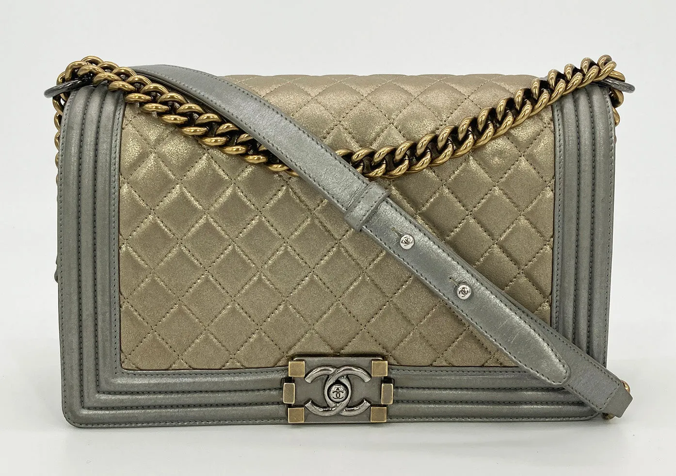 Chanel Gold Silver Leather Medium Boy Bag Classic Flap