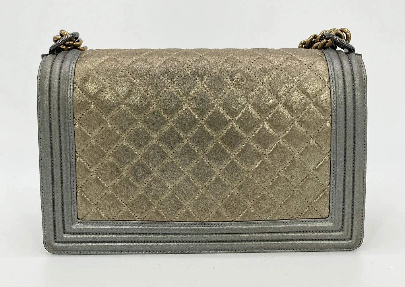 Chanel Gold Silver Leather Medium Boy Bag Classic Flap