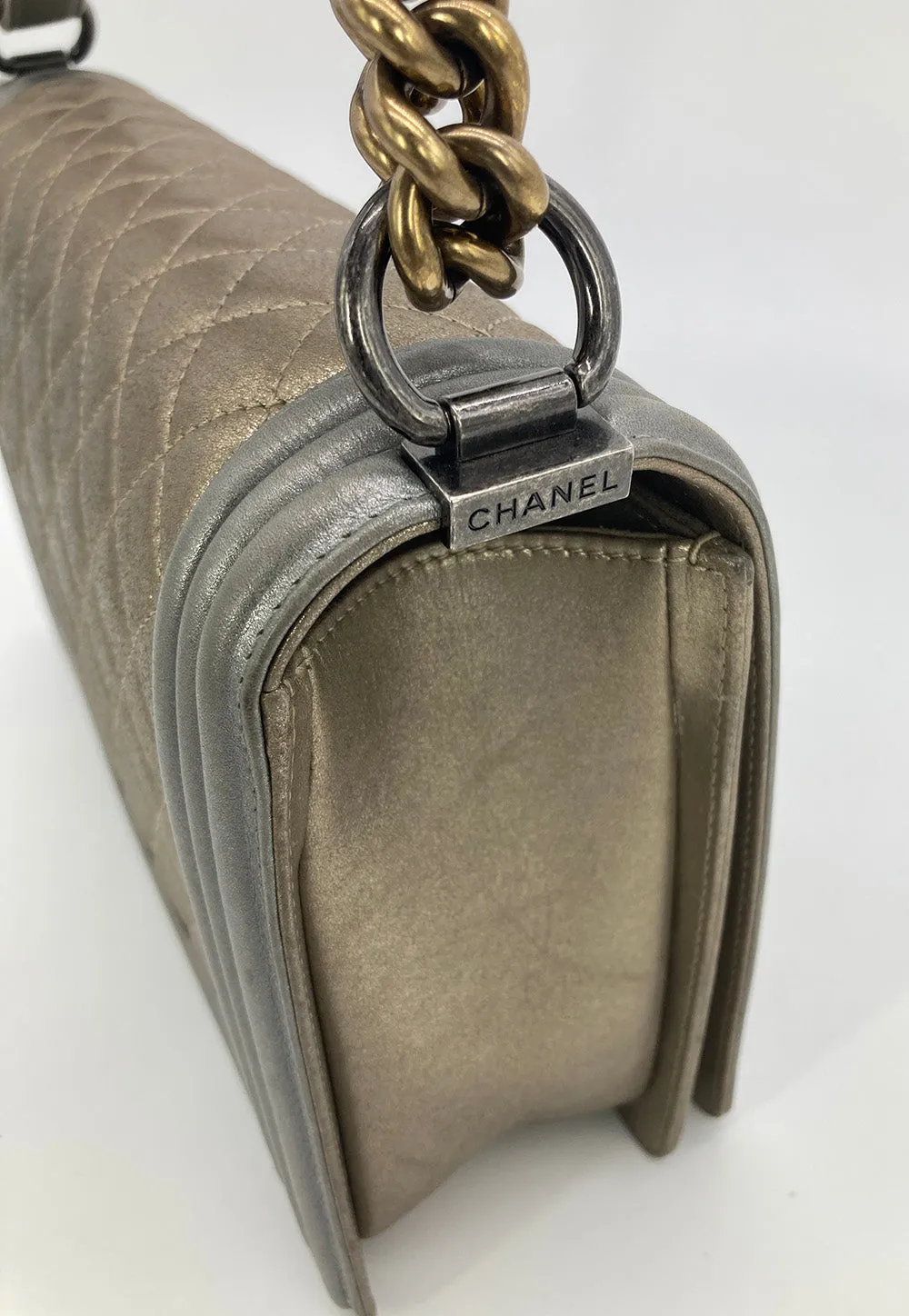 Chanel Gold Silver Leather Medium Boy Bag Classic Flap