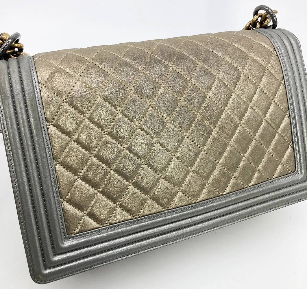 Chanel Gold Silver Leather Medium Boy Bag Classic Flap