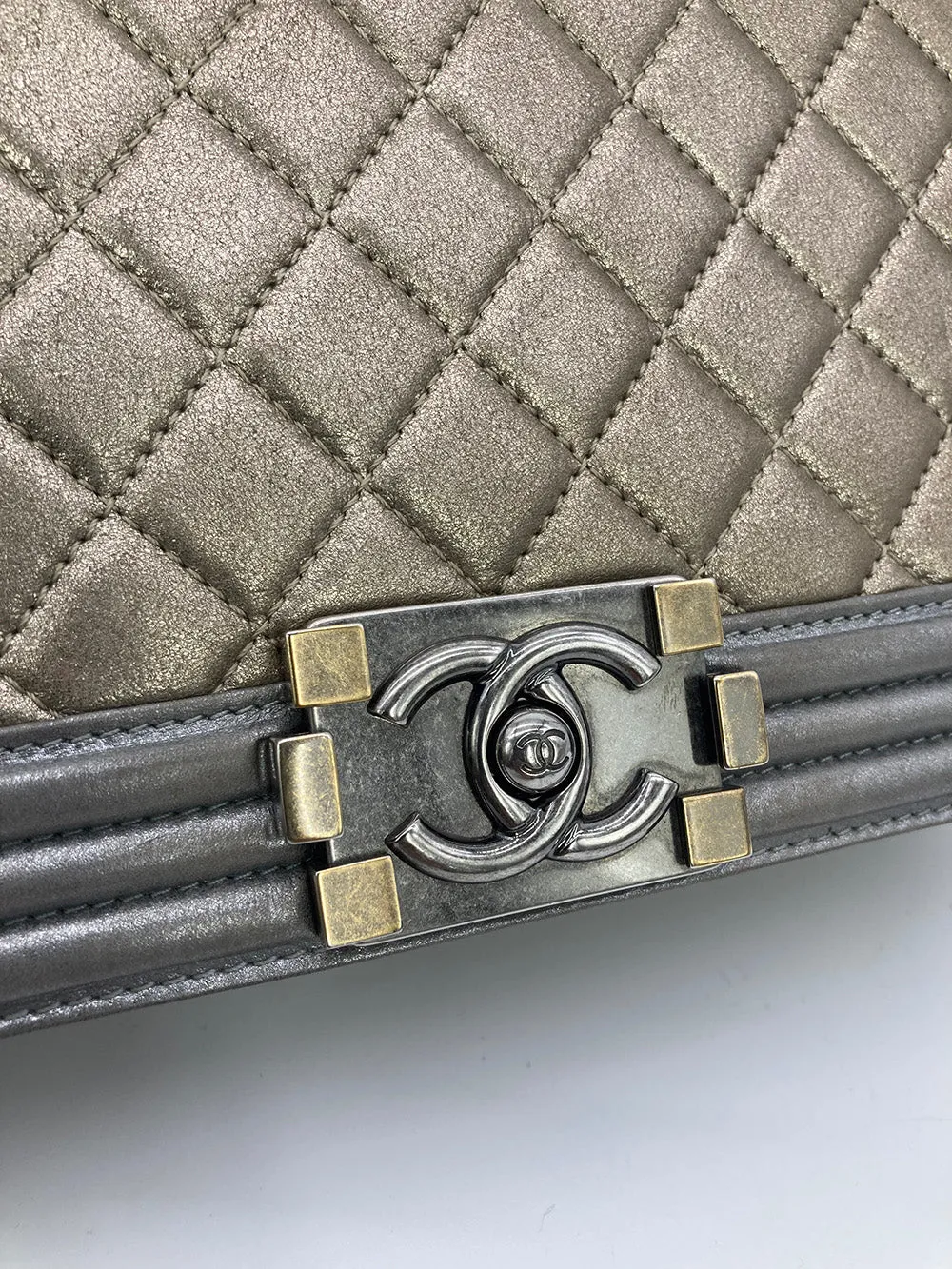 Chanel Gold Silver Leather Medium Boy Bag Classic Flap