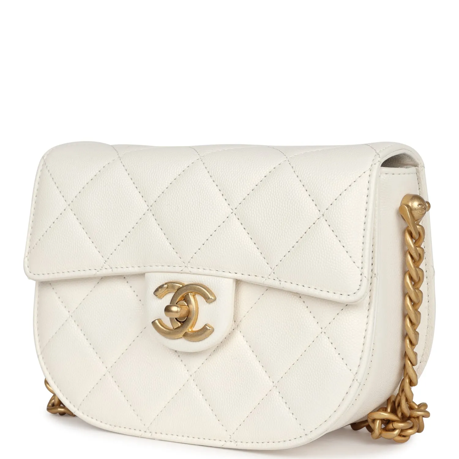 Chanel Mini Round Messenger Flap Bag White Caviar Antique Gold Hardware