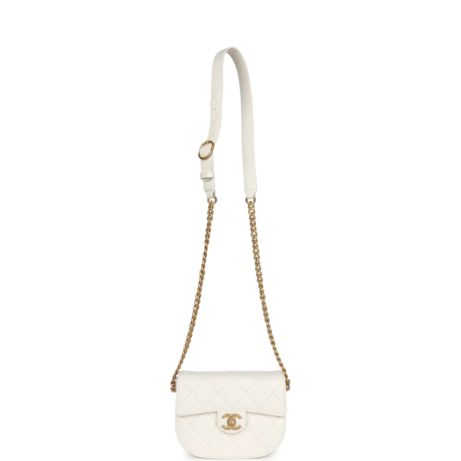 Chanel Mini Round Messenger Flap Bag White Caviar Antique Gold Hardware