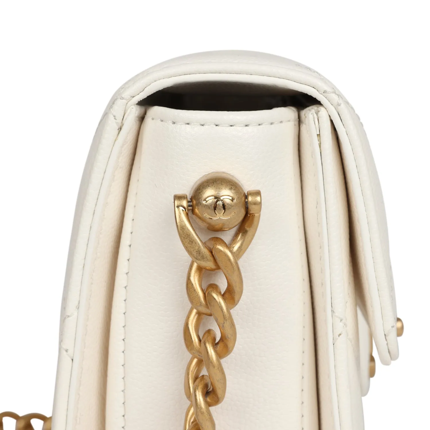 Chanel Mini Round Messenger Flap Bag White Caviar Antique Gold Hardware