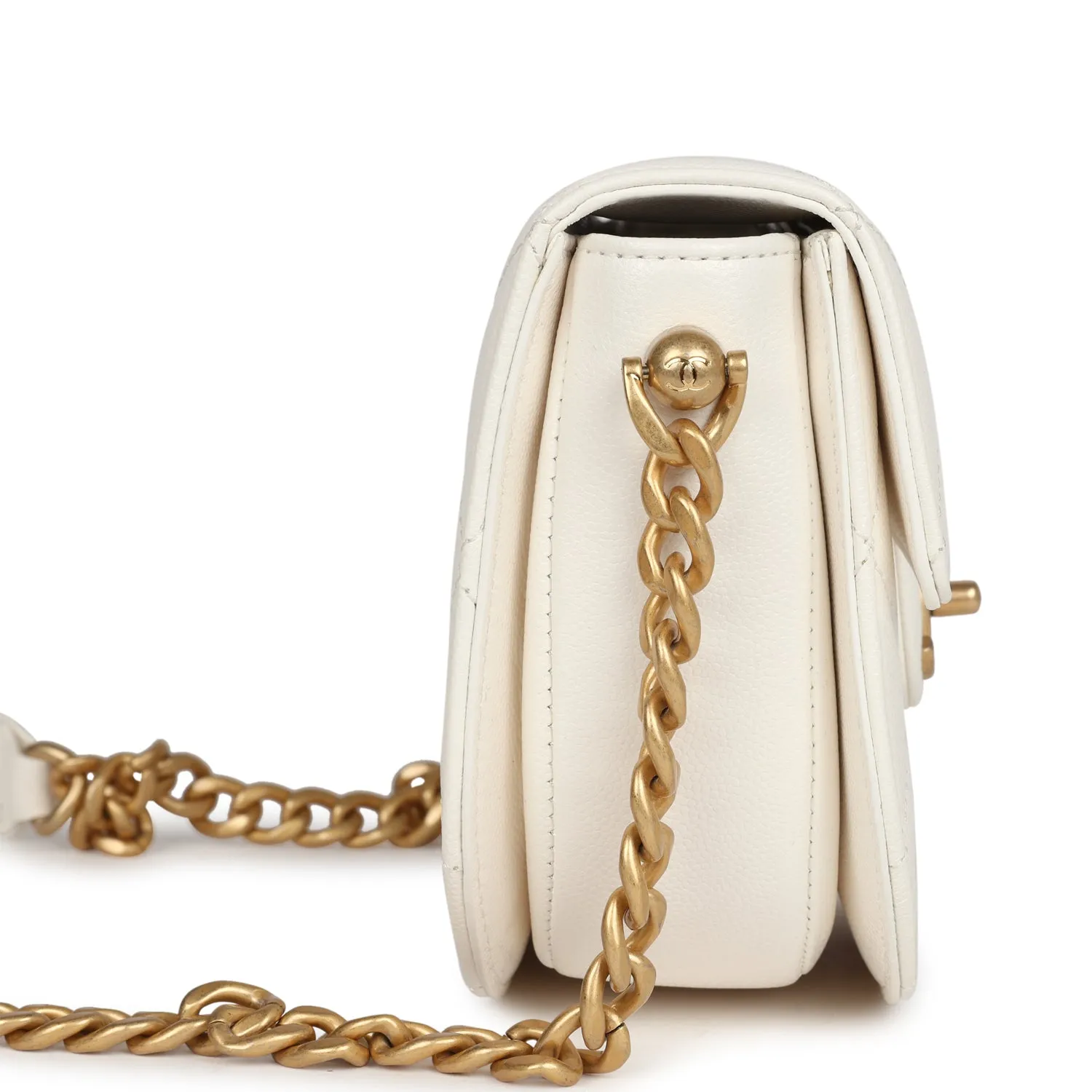 Chanel Mini Round Messenger Flap Bag White Caviar Antique Gold Hardware