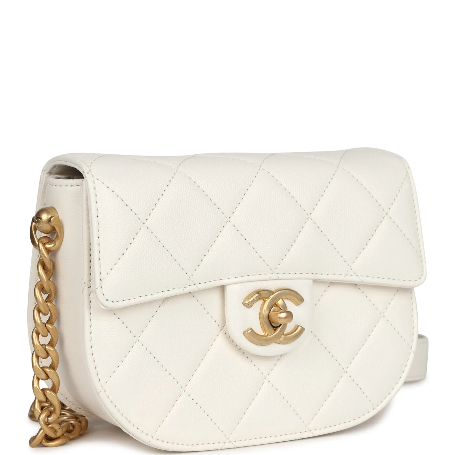 Chanel Mini Round Messenger Flap Bag White Caviar Antique Gold Hardware