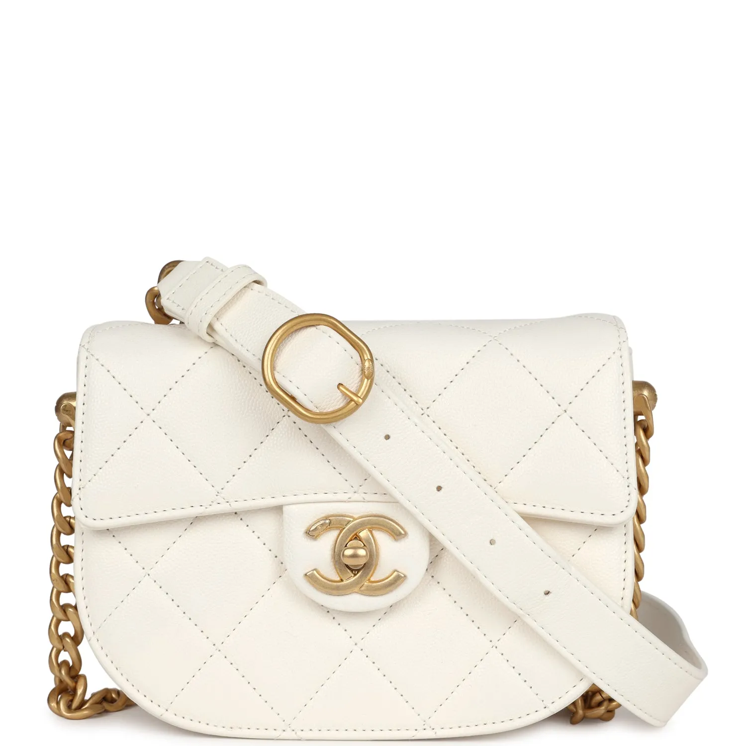 Chanel Mini Round Messenger Flap Bag White Caviar Antique Gold Hardware