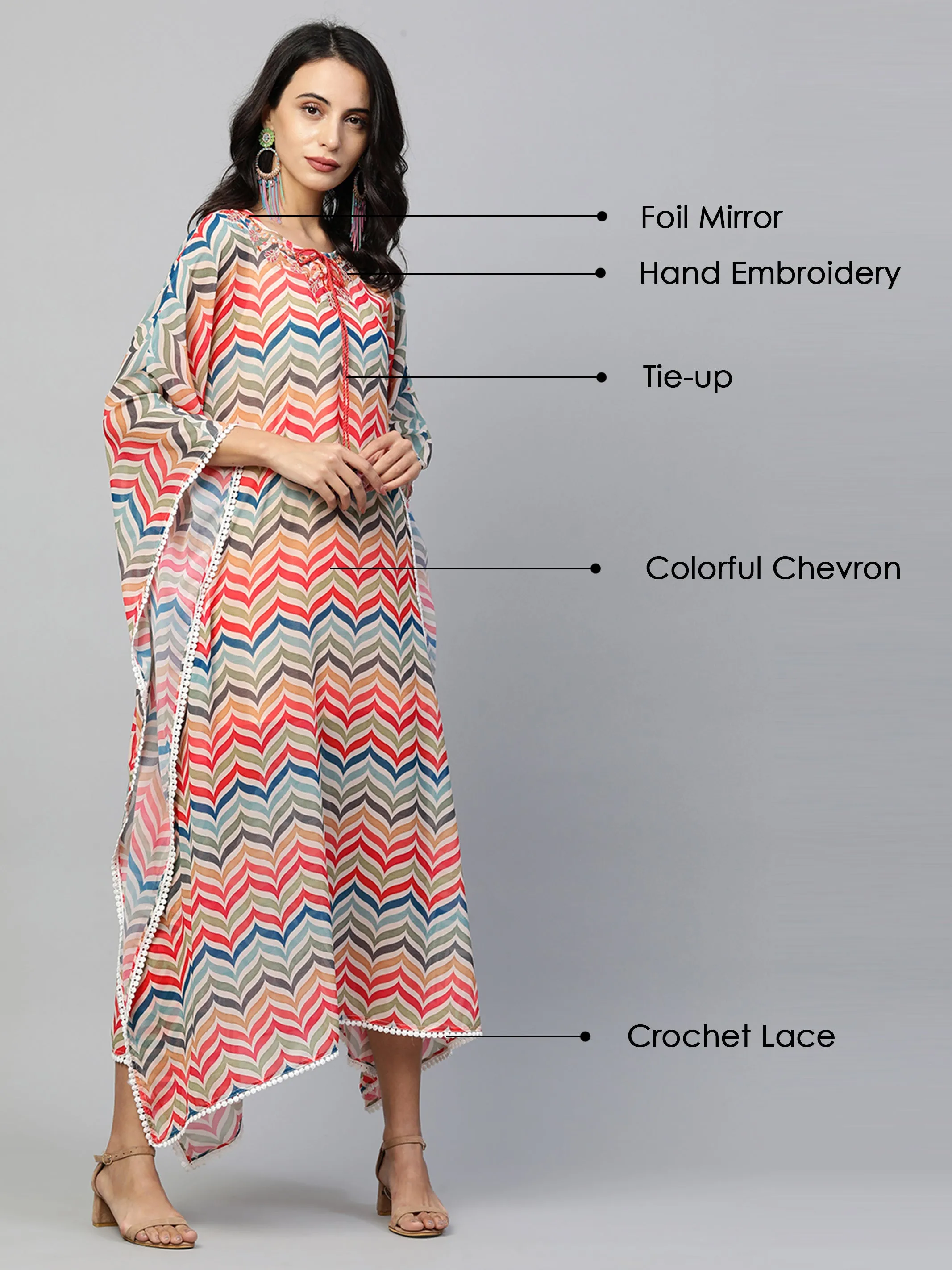 Colorful Chevron Printed & Embroidered Kaftan - Multi