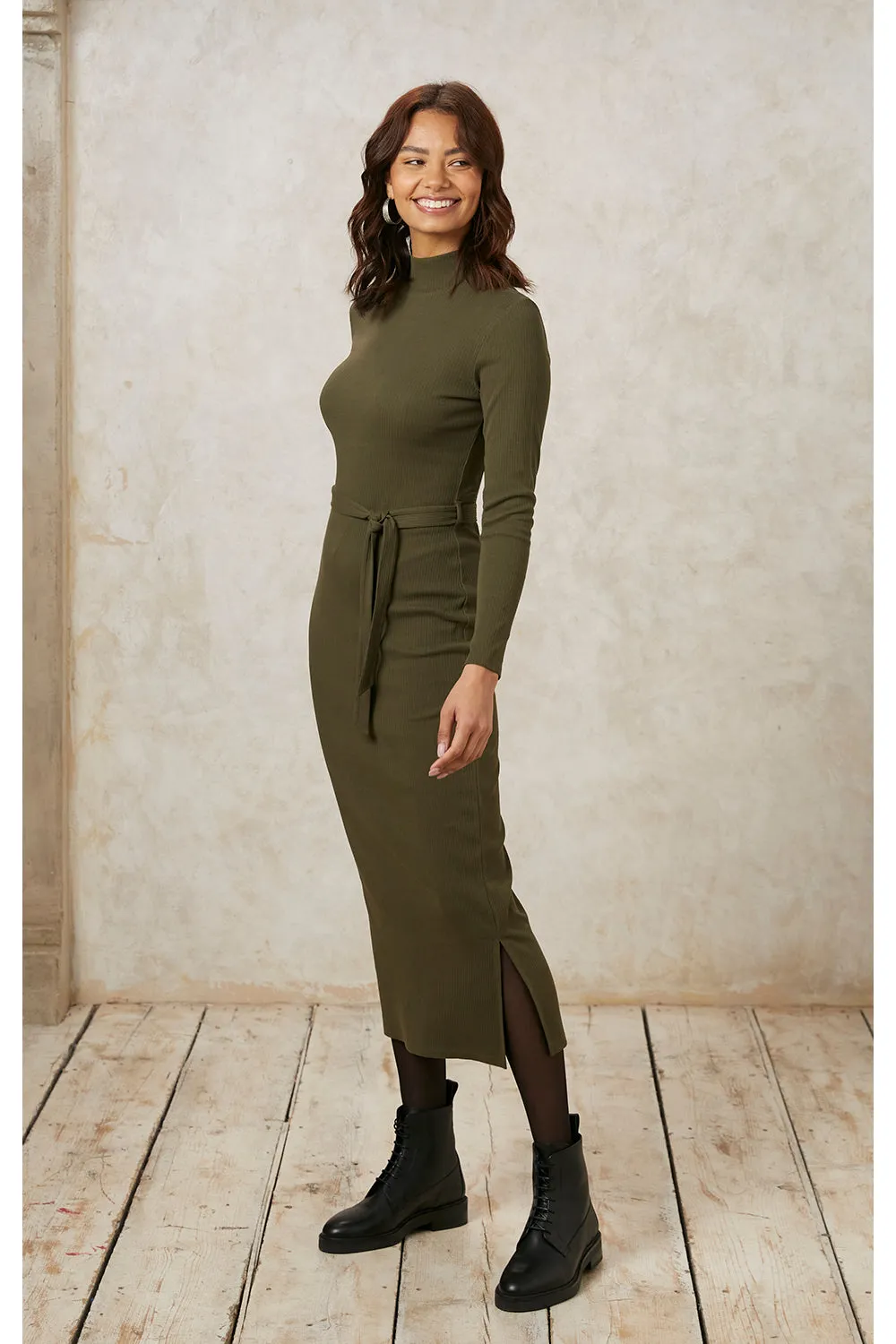 Corey Rib Midi Dress in Khaki