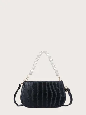 Croc Embossed Faux Pearl Strap Shoulder Bag