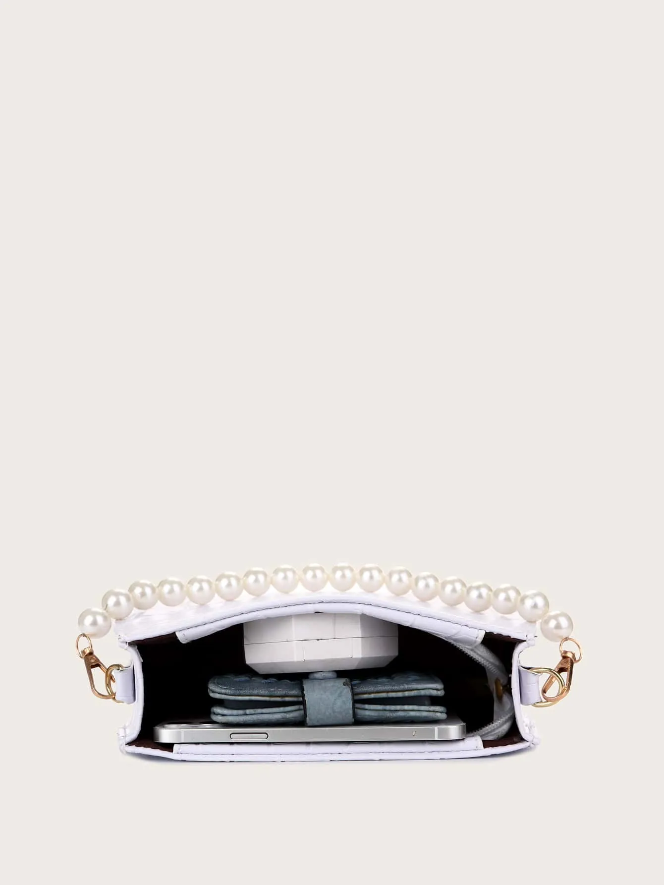 Croc Embossed Faux Pearl Strap Shoulder Bag