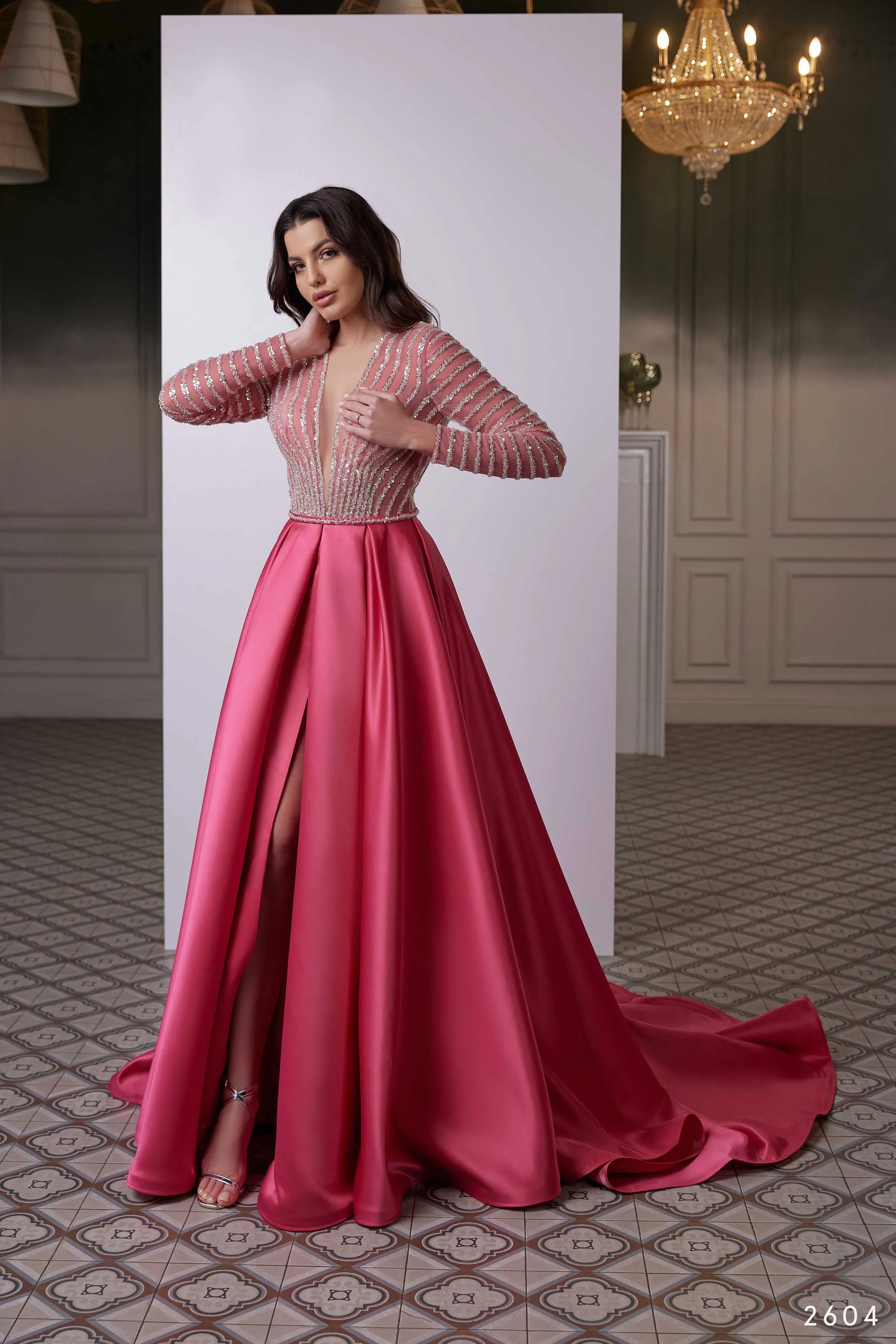 Deluxe Sequin Stripe Embellished Satin Gown with Sleeves