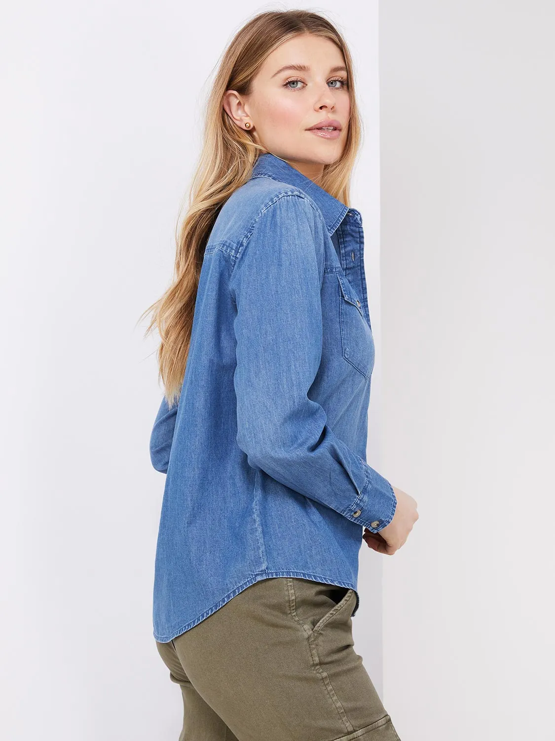 Denim Button-Front Blouse