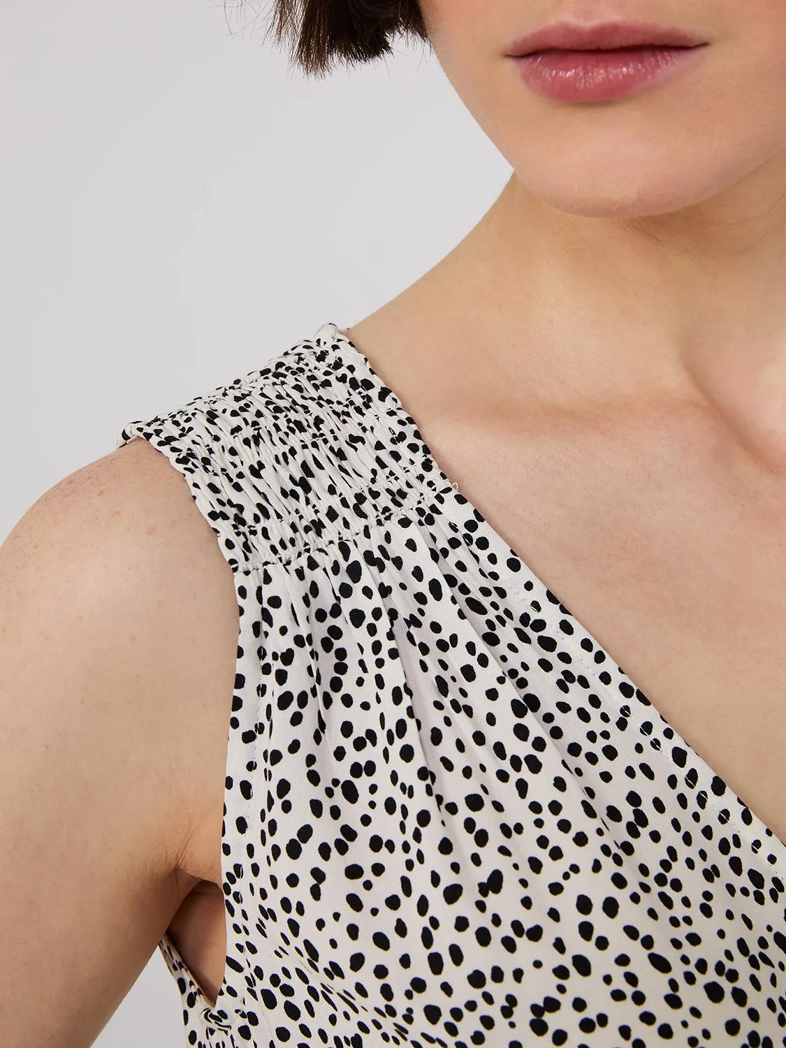 Dot Print Midi Dress With Smocked Details