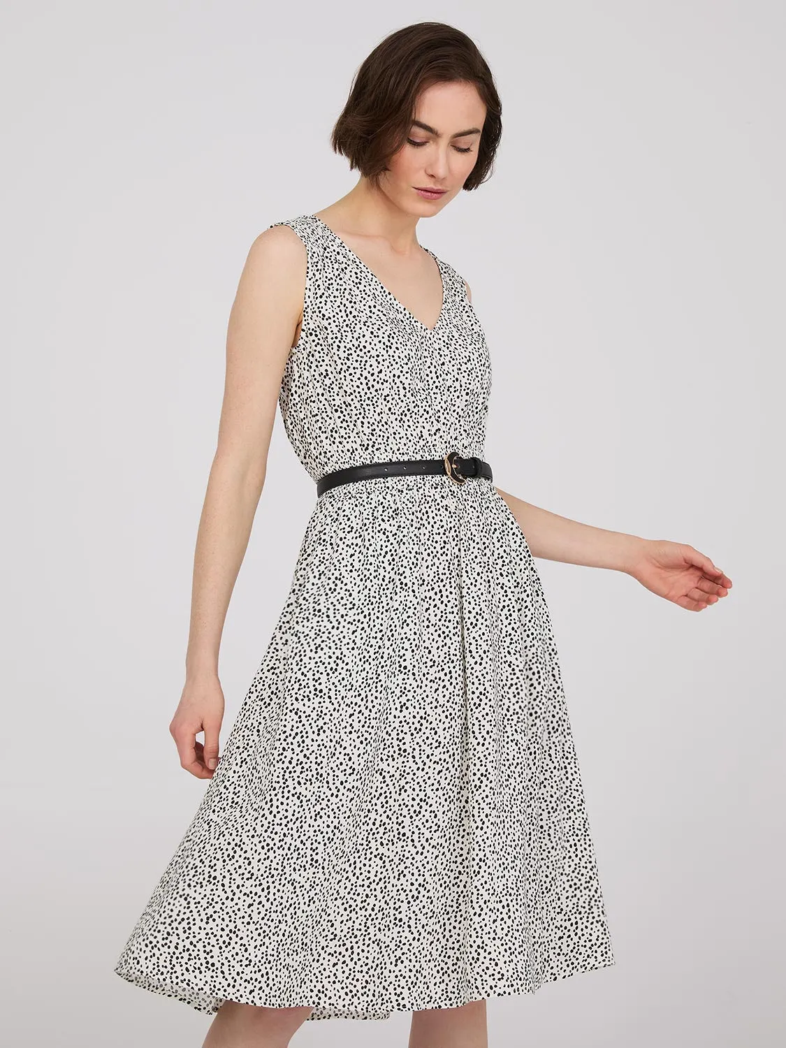 Dot Print Midi Dress With Smocked Details