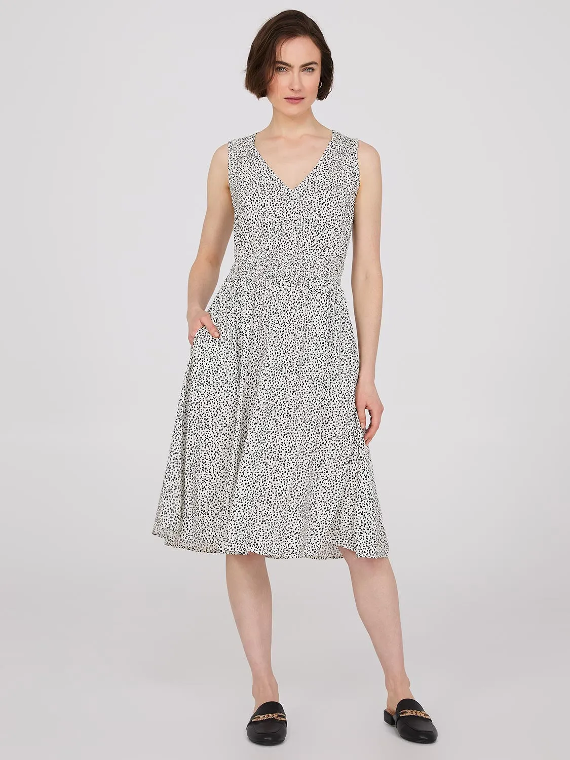 Dot Print Midi Dress With Smocked Details