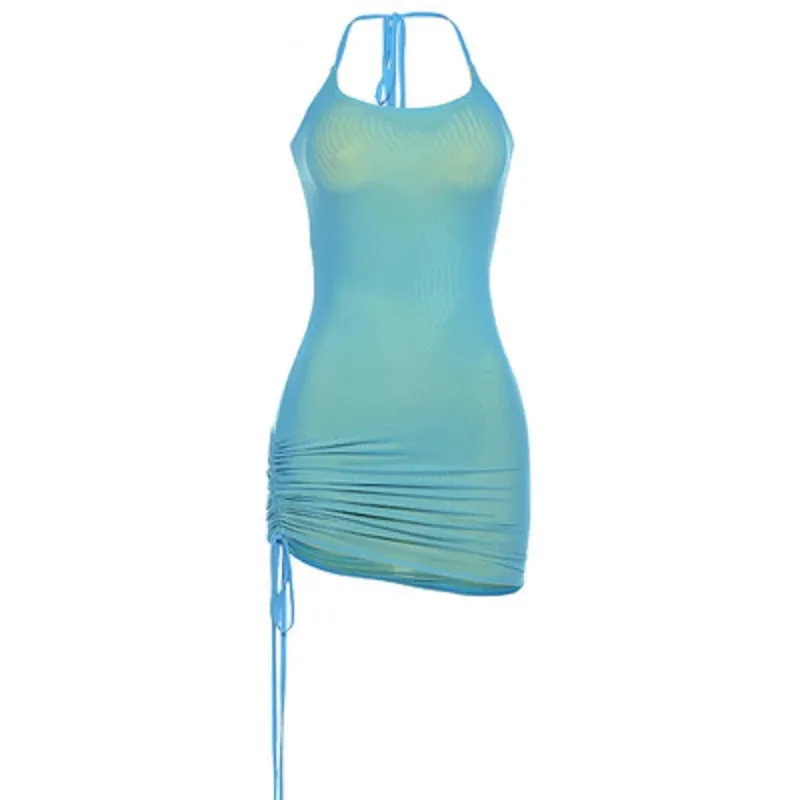 Drawstring Strap Sleeveless Halter Bodycon Fashion Skinny 2024 Summer Sexy Mini Dress