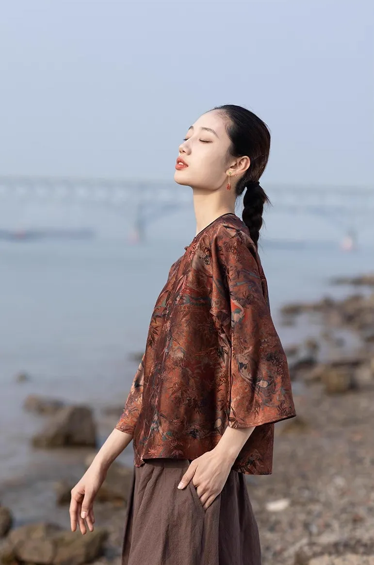 Dunhuang Feitian Print Silk Cheongsam Top