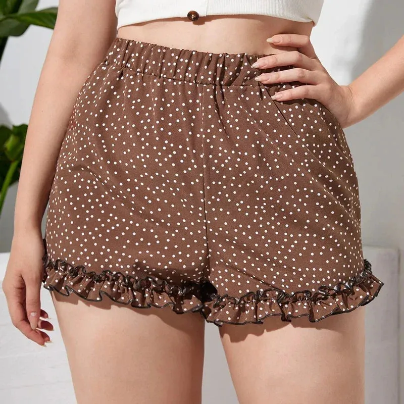 Elastic Waist Elegant Polka Dot Women Frill Lettuce Trim High Waist Straight Beach Female Large Size Short