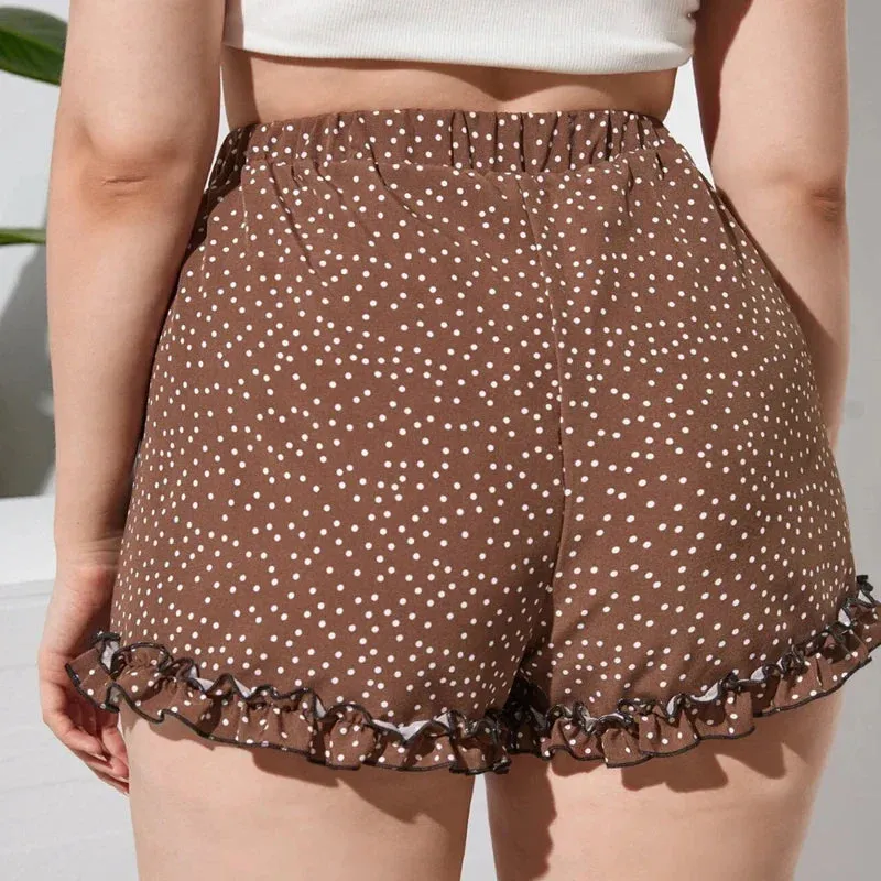 Elastic Waist Elegant Polka Dot Women Frill Lettuce Trim High Waist Straight Beach Female Large Size Short