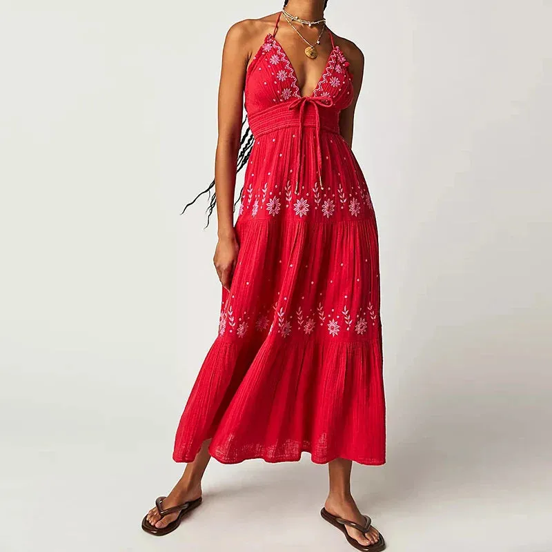 Embroidery V Neck Backless Halter Long Club Party Holiday Boho Dress