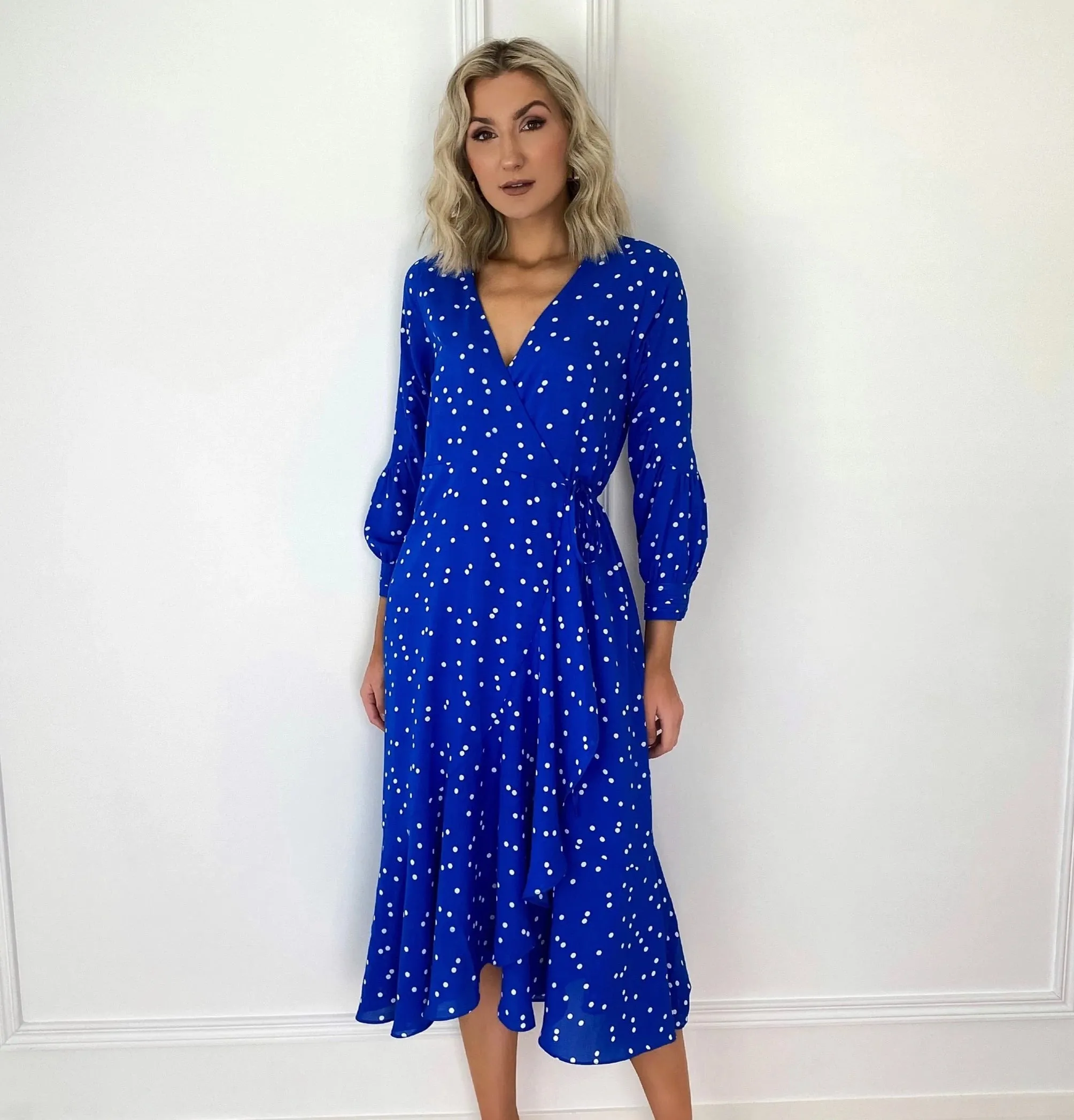 Emer Cobalt Blue Polka Dot Wrap Frill Hem Dress