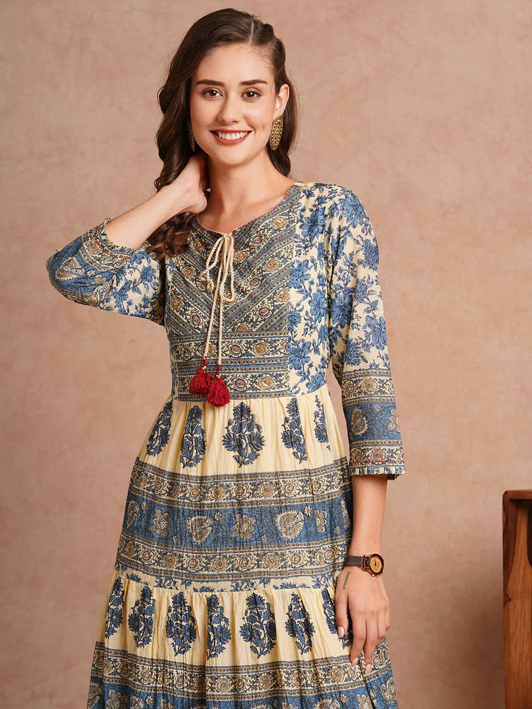 Ethnic Floral Printed & Embroidered A-Line Tiered Flared maxi Dress - Blue