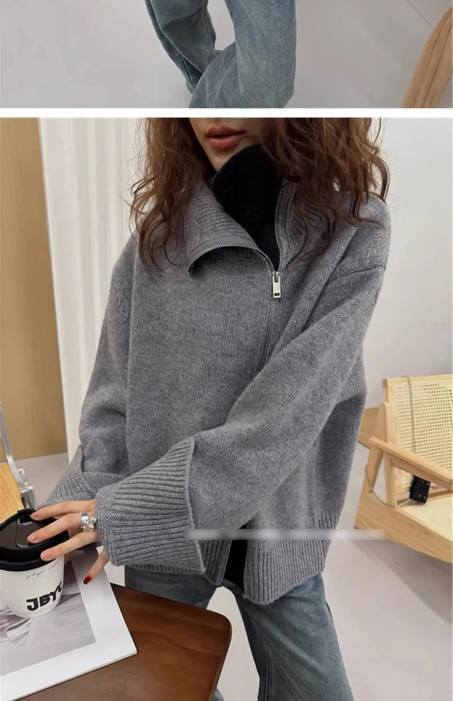 European turtleneck zipper 100% cashmere cardigan women's autumn and winter high-end loose thick wool knit sweater coat