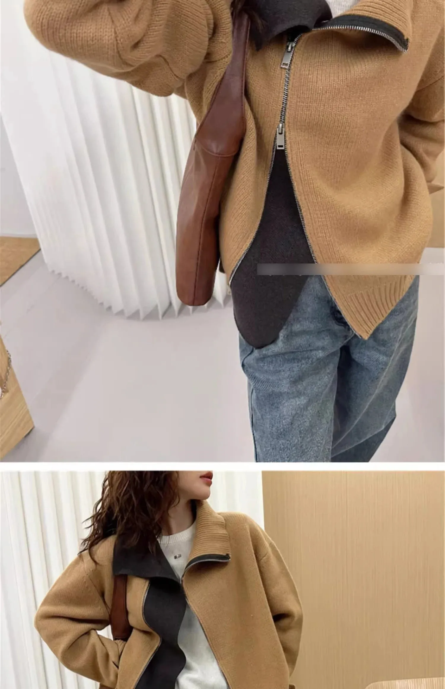 European turtleneck zipper 100% cashmere cardigan women's autumn and winter high-end loose thick wool knit sweater coat