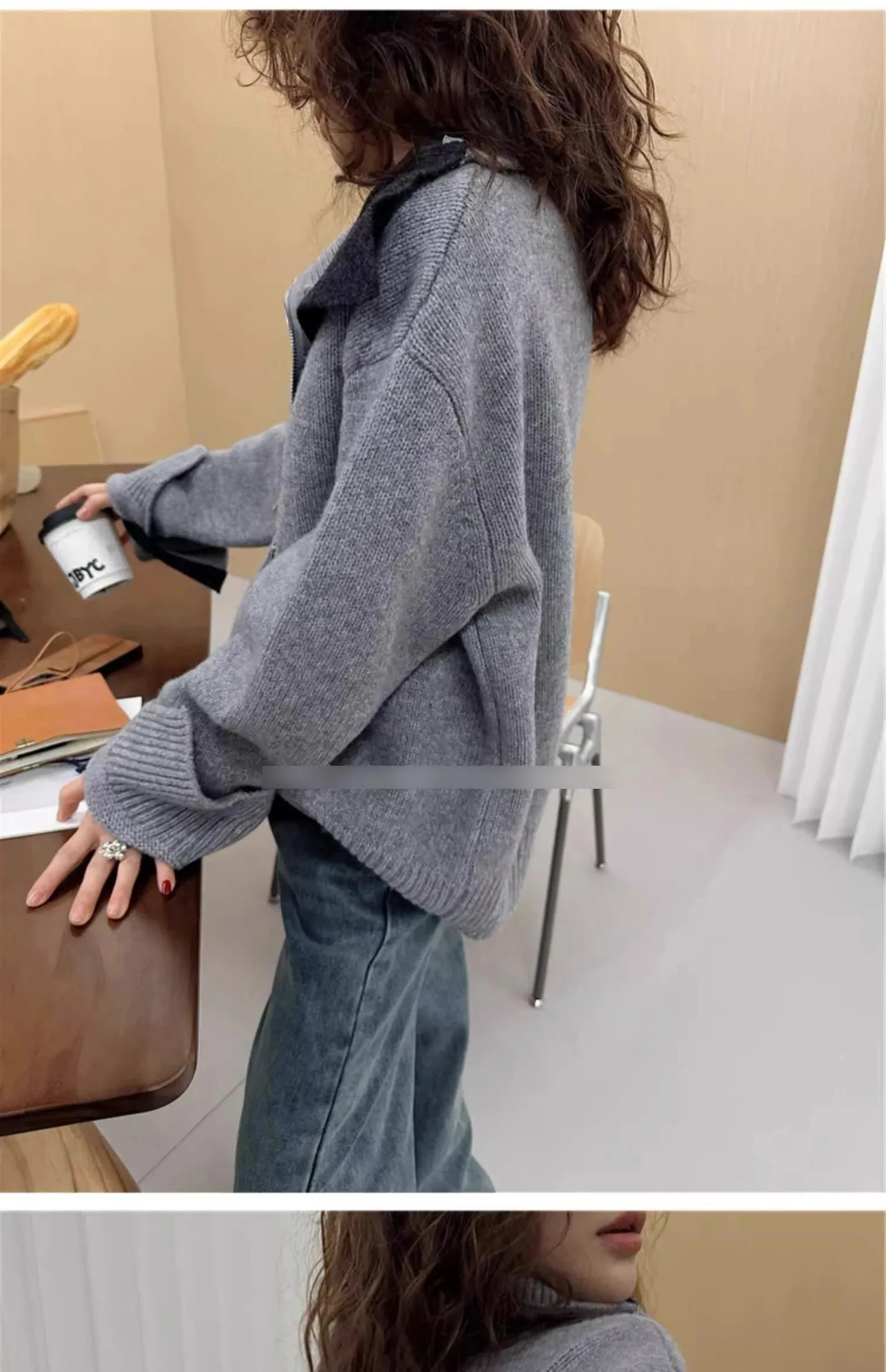 European turtleneck zipper 100% cashmere cardigan women's autumn and winter high-end loose thick wool knit sweater coat