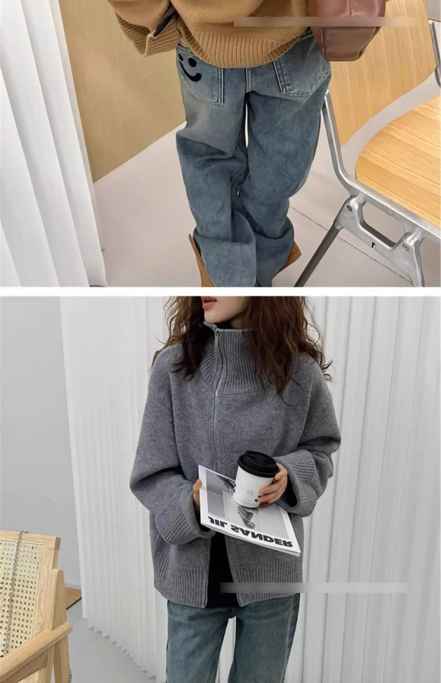 European turtleneck zipper 100% cashmere cardigan women's autumn and winter high-end loose thick wool knit sweater coat