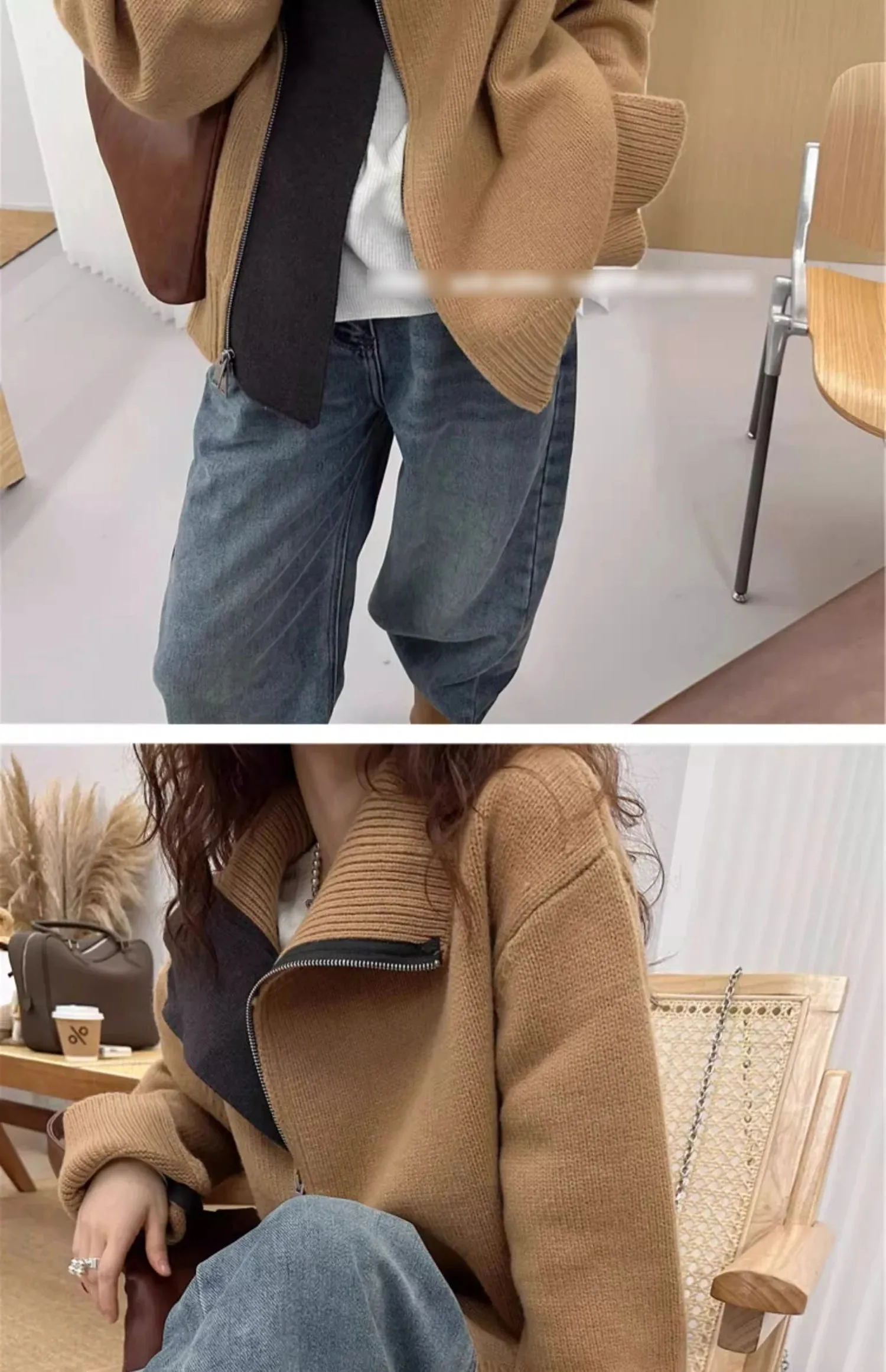 European turtleneck zipper 100% cashmere cardigan women's autumn and winter high-end loose thick wool knit sweater coat