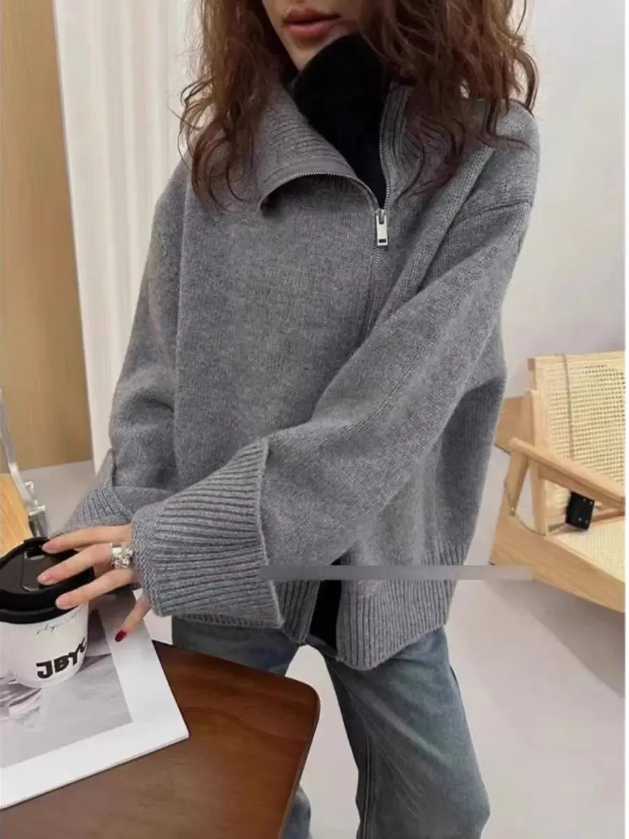 European turtleneck zipper 100% cashmere cardigan women's autumn and winter high-end loose thick wool knit sweater coat