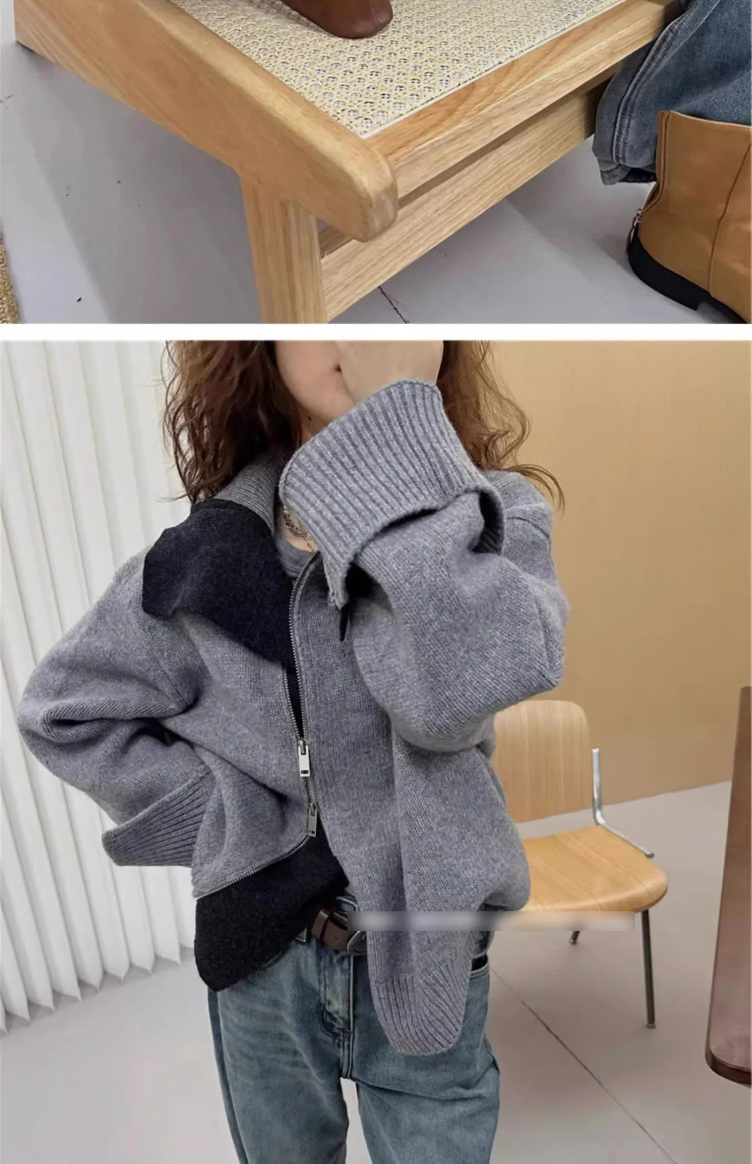 European turtleneck zipper 100% cashmere cardigan women's autumn and winter high-end loose thick wool knit sweater coat