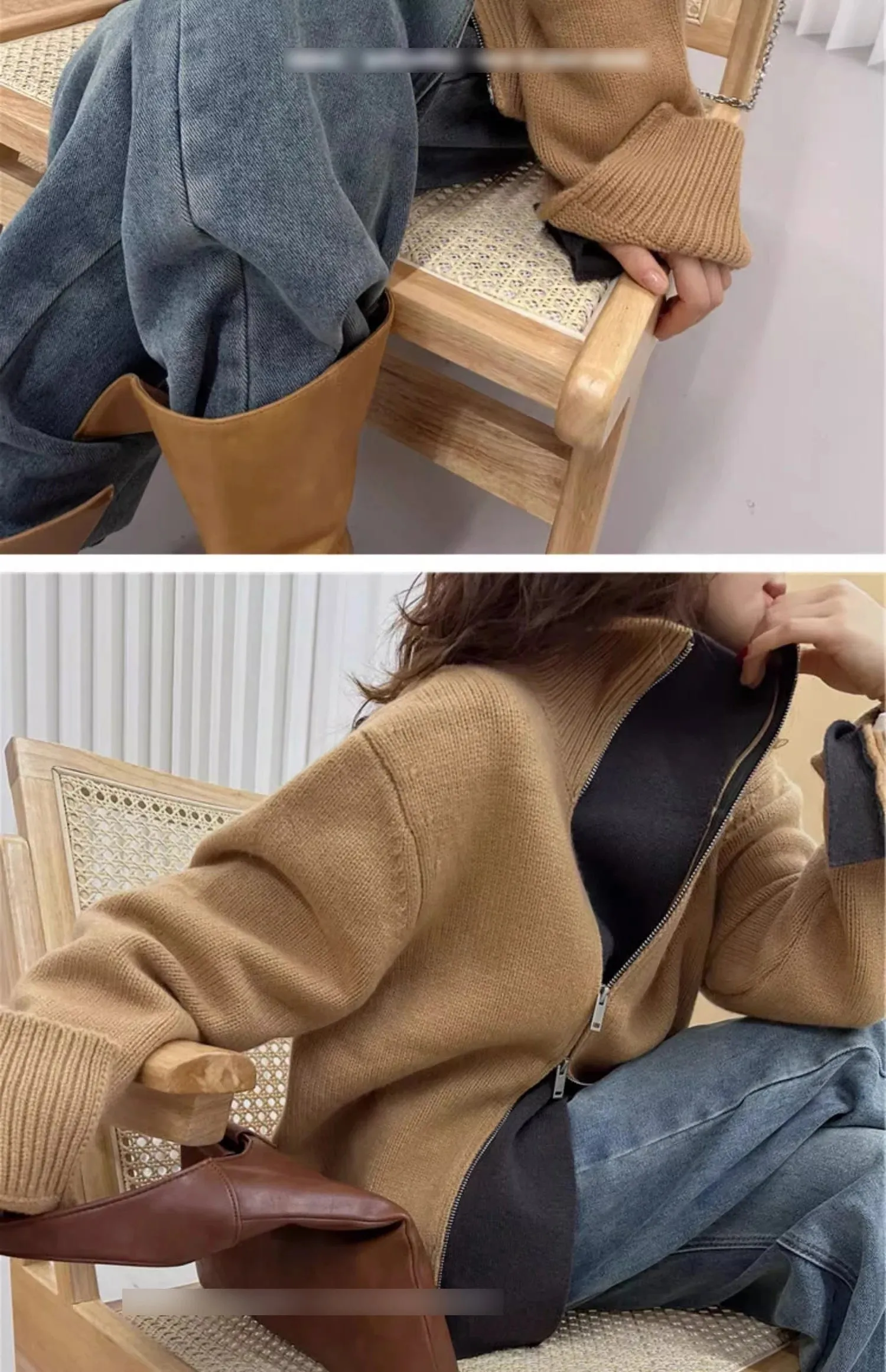 European turtleneck zipper 100% cashmere cardigan women's autumn and winter high-end loose thick wool knit sweater coat