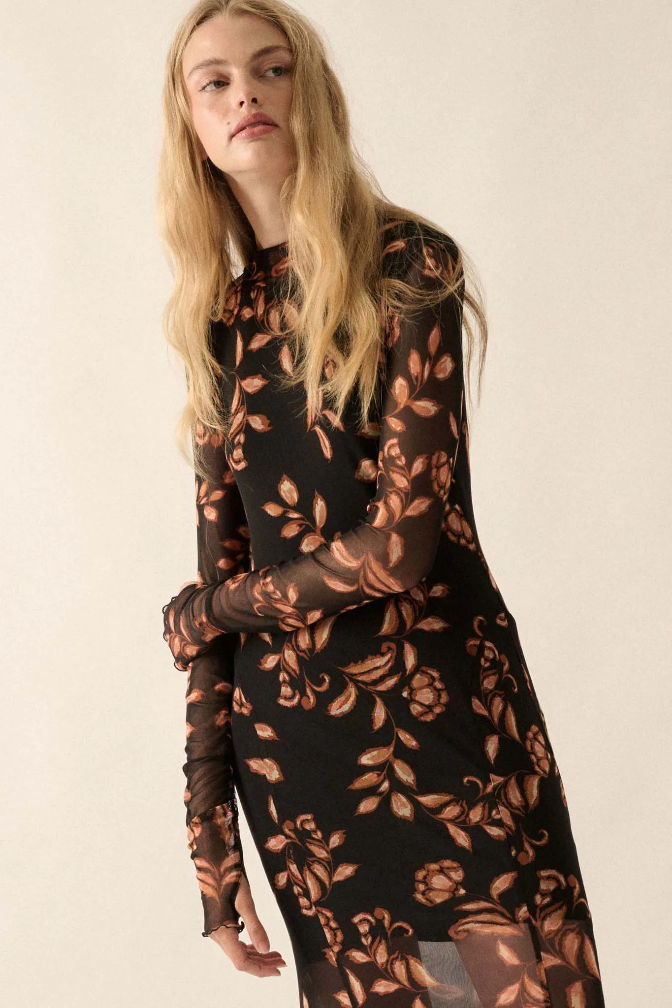 Fabulous Fall Floral Mesh Mock-Neck Maxi Dress