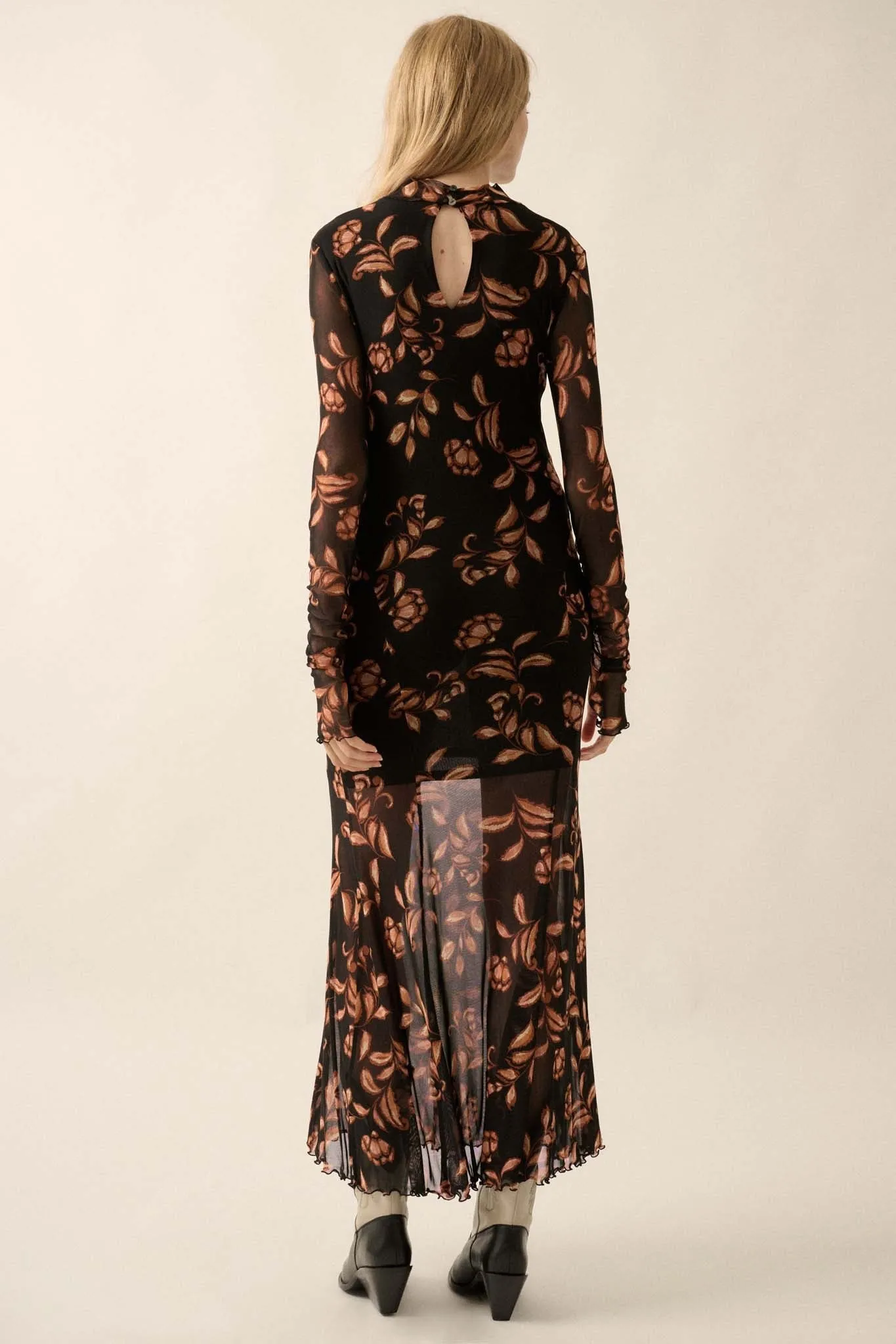 Fabulous Fall Floral Mesh Mock-Neck Maxi Dress