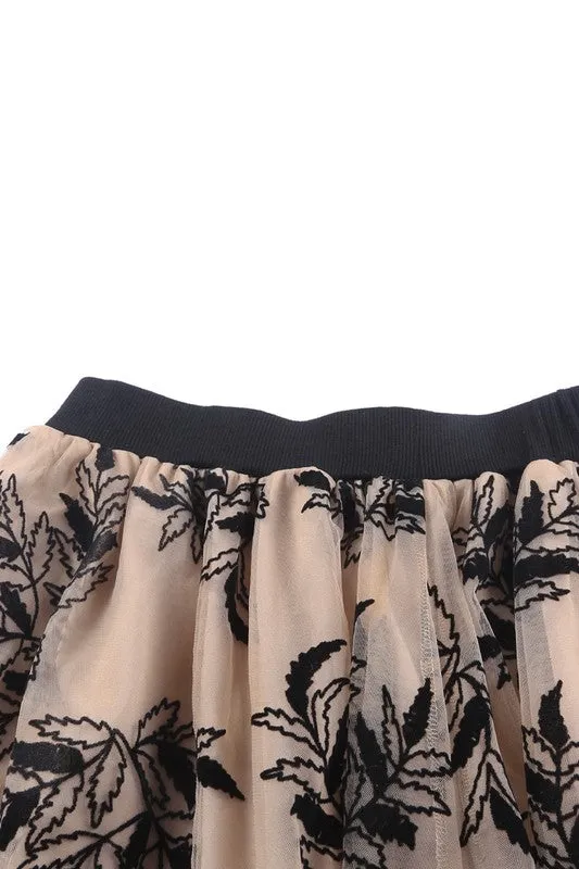 Floral Leaves Embroidered High Waist Maxi Skirt