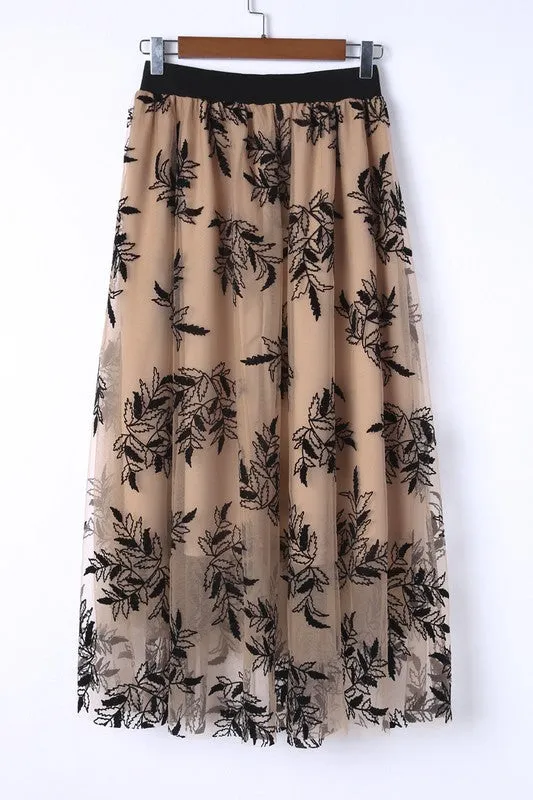 Floral Leaves Embroidered High Waist Maxi Skirt