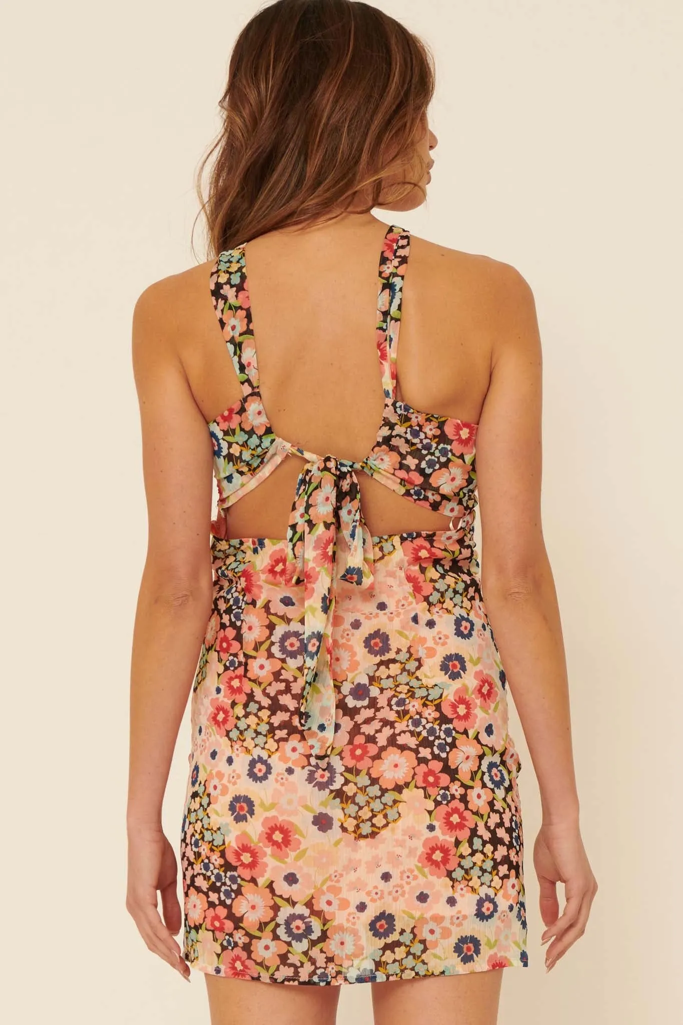 Fresh Nectar Ruched Floral Halter Mini Dress