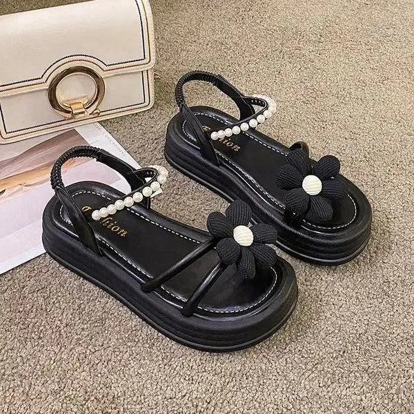 Getadme Comfort Shoes for Women Pearl Sandals Suit Female Beige Increasing Height Block Heels All-Match Black Bow 2024 Fashion Chunky Gi